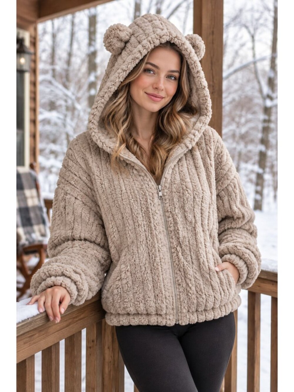 Plush Teddy Bear Ear Hooded Cropped Fleece Jacket Oversized Long Sleeve Zip-Up